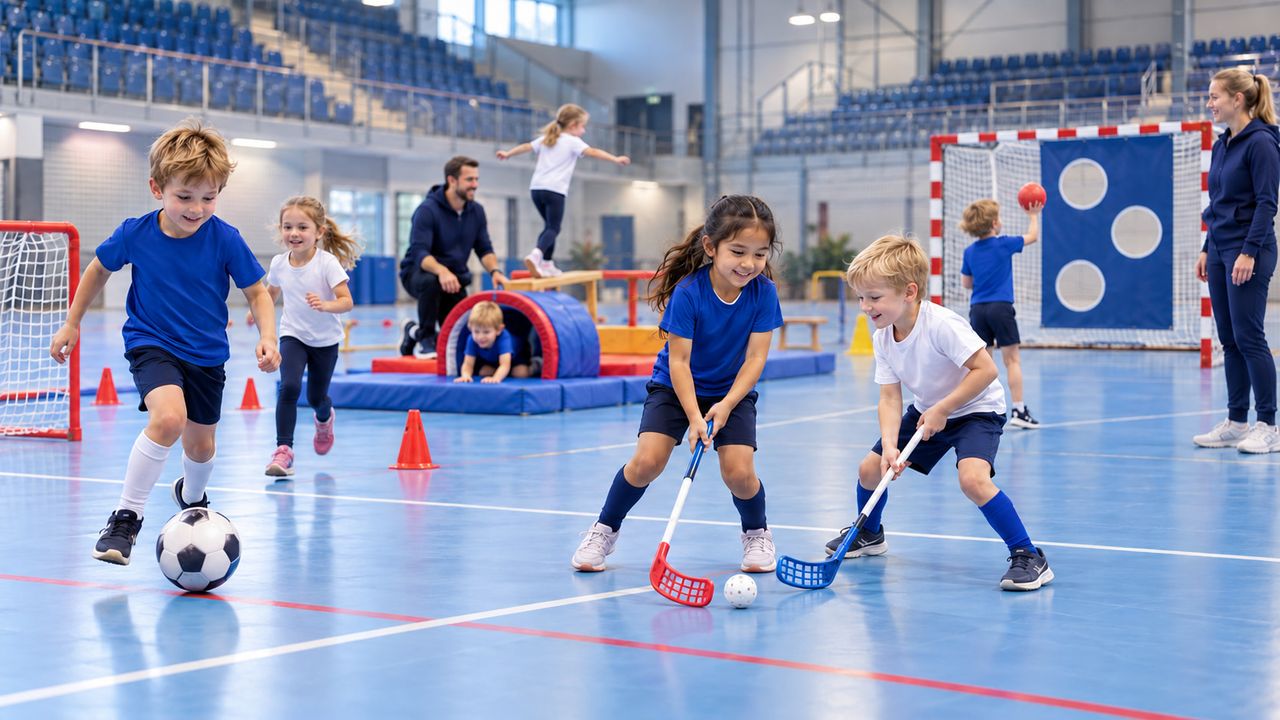 Children playing soccer, floorball, and other activities in a bright gymnasium with adult supervision.