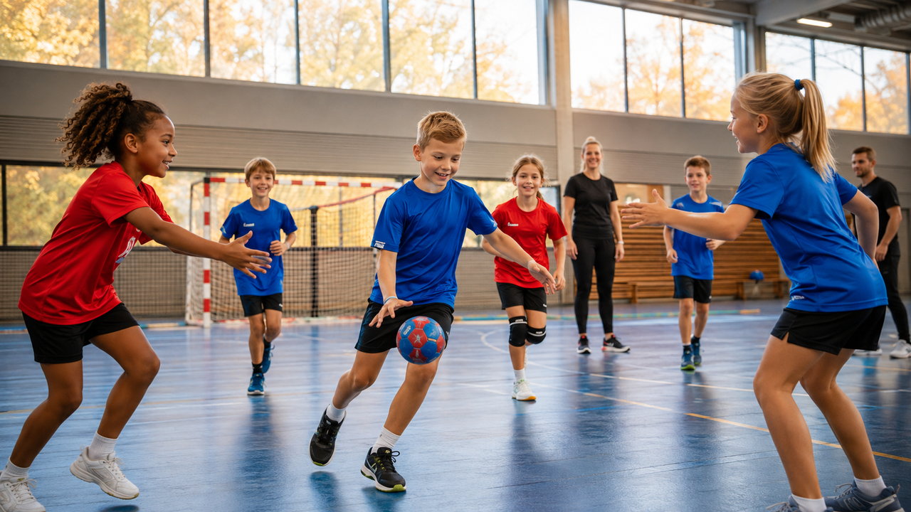Children playing handball in a gym with adults supervising.