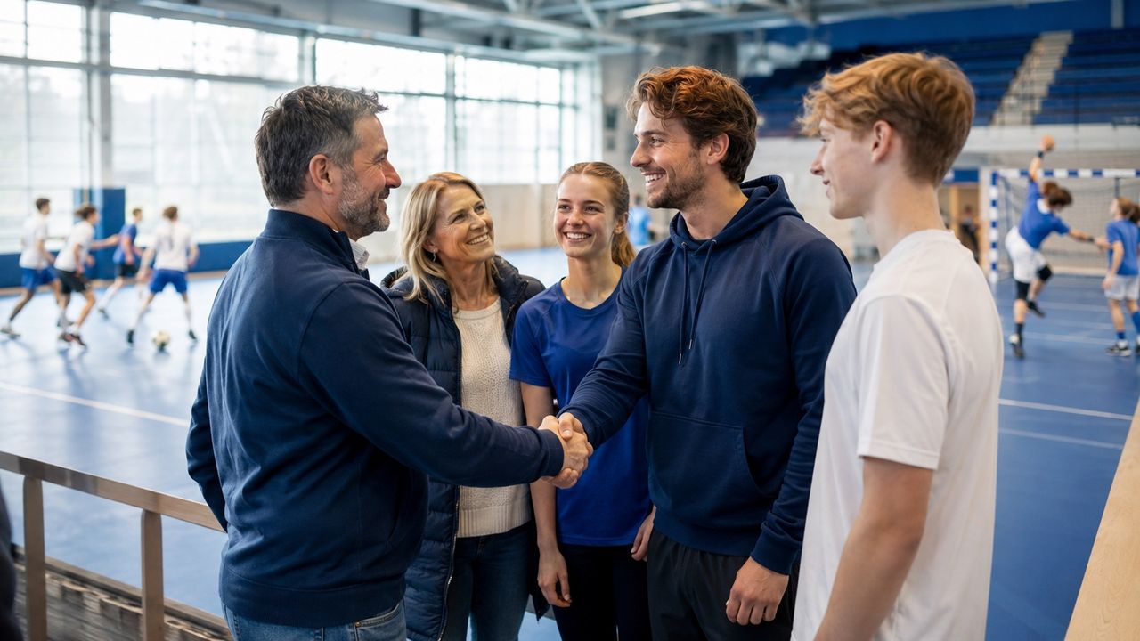 An older man shakes hands with a young man, surrounded by smiling family members, in an indoor sports hall with games in progress.