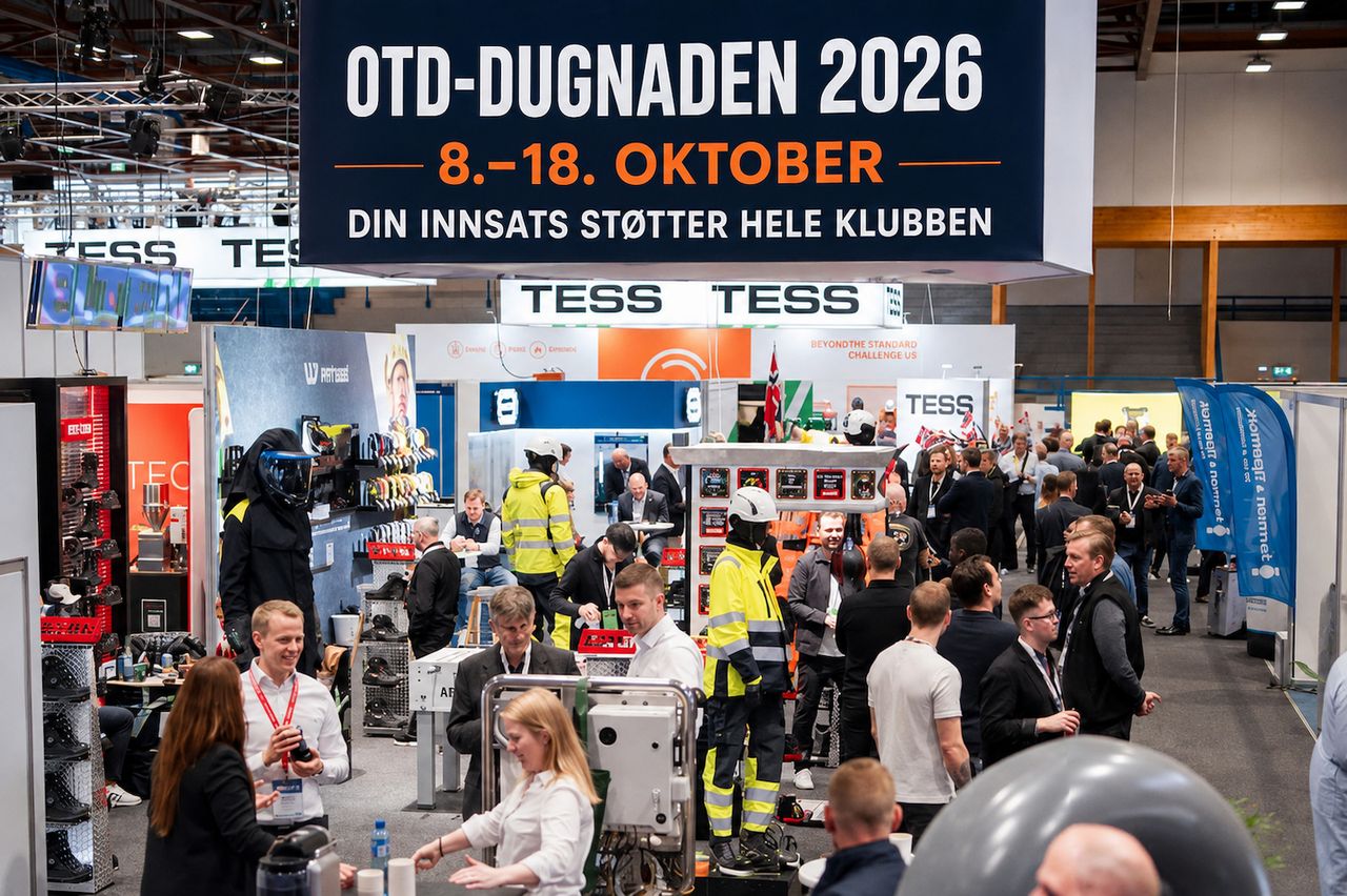 A busy trade show hall with attendees interacting at various exhibition booths, under a large banner for "OTD-Dugnaden 2026."
