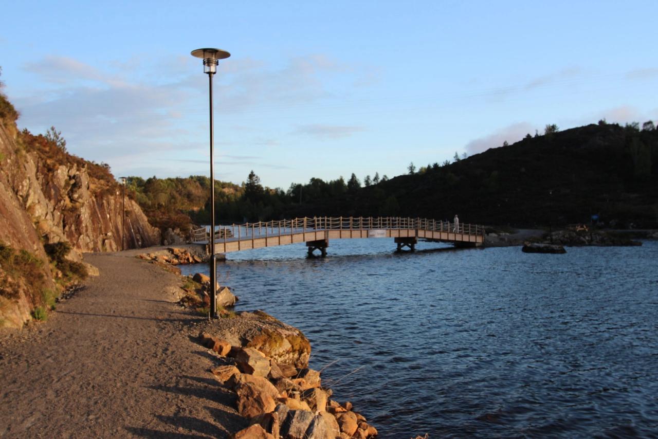 A walking path with a lamppost alongside a lake, with a wooden pedestrian bridge spanning the water under a clear sky.