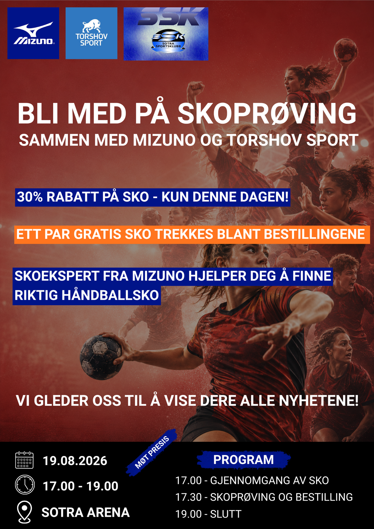 Promotional poster for a handball shoe fitting event by Mizuno, Torshov Sport, and SSK, featuring a female handball player in action, advertising a 30% discount and free shoe drawing on August 19, 2026, at Sotra Arena.
