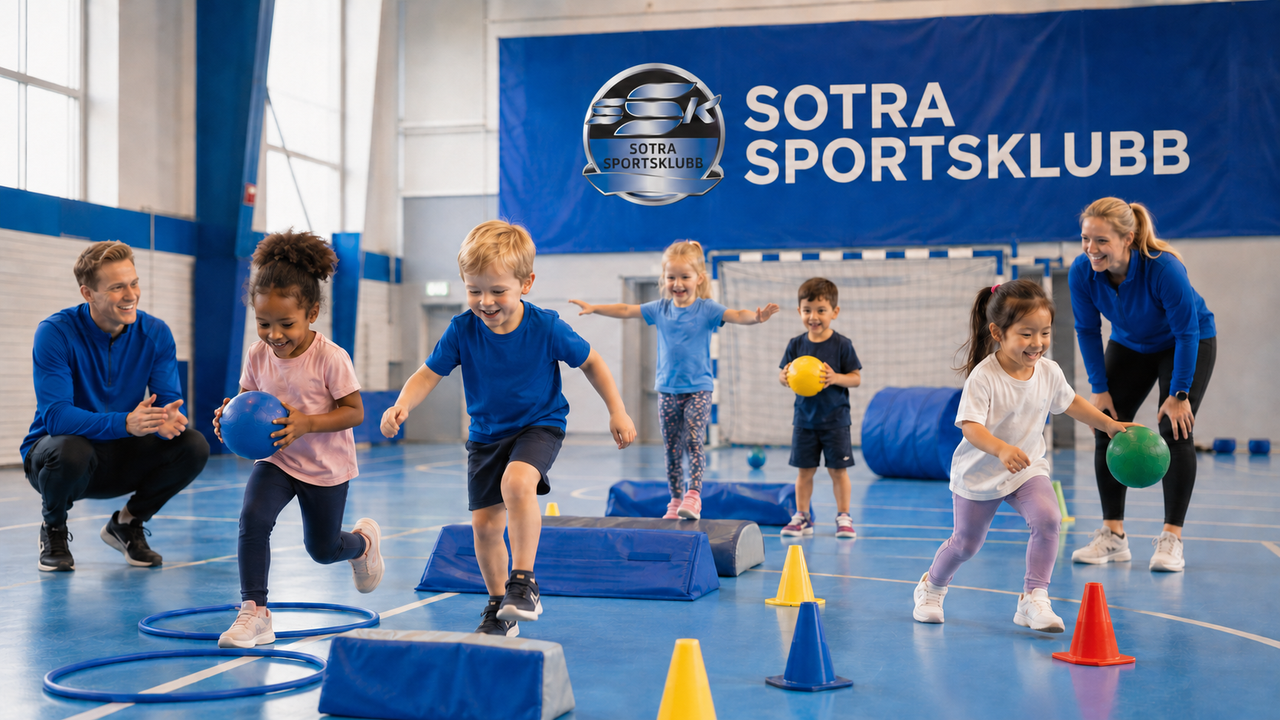 Children and two instructors enjoy a gym class with balls and obstacles, under a Sotra Sportsklubb banner.