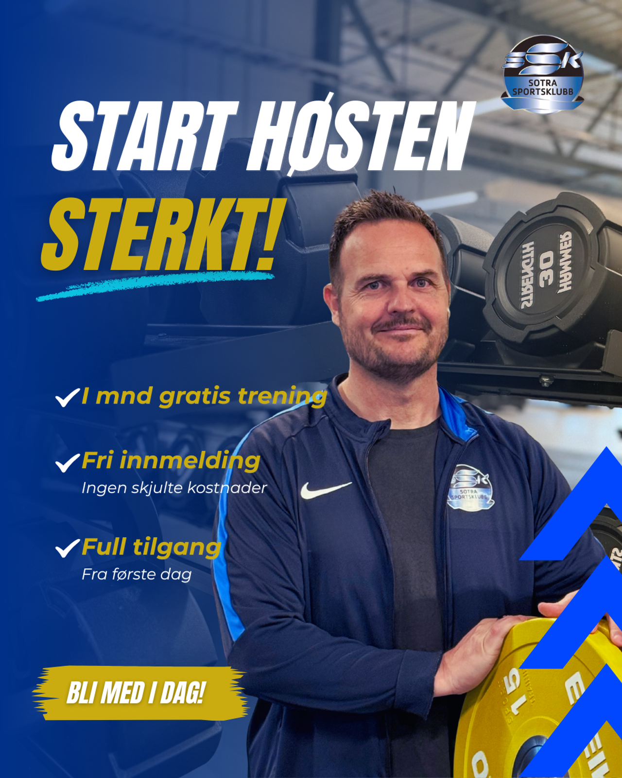 Sotra Sportsklubb ad: "Start the autumn strong!" A smiling man holds a weight plate, promoting 1 month free training, free registration, and full access.