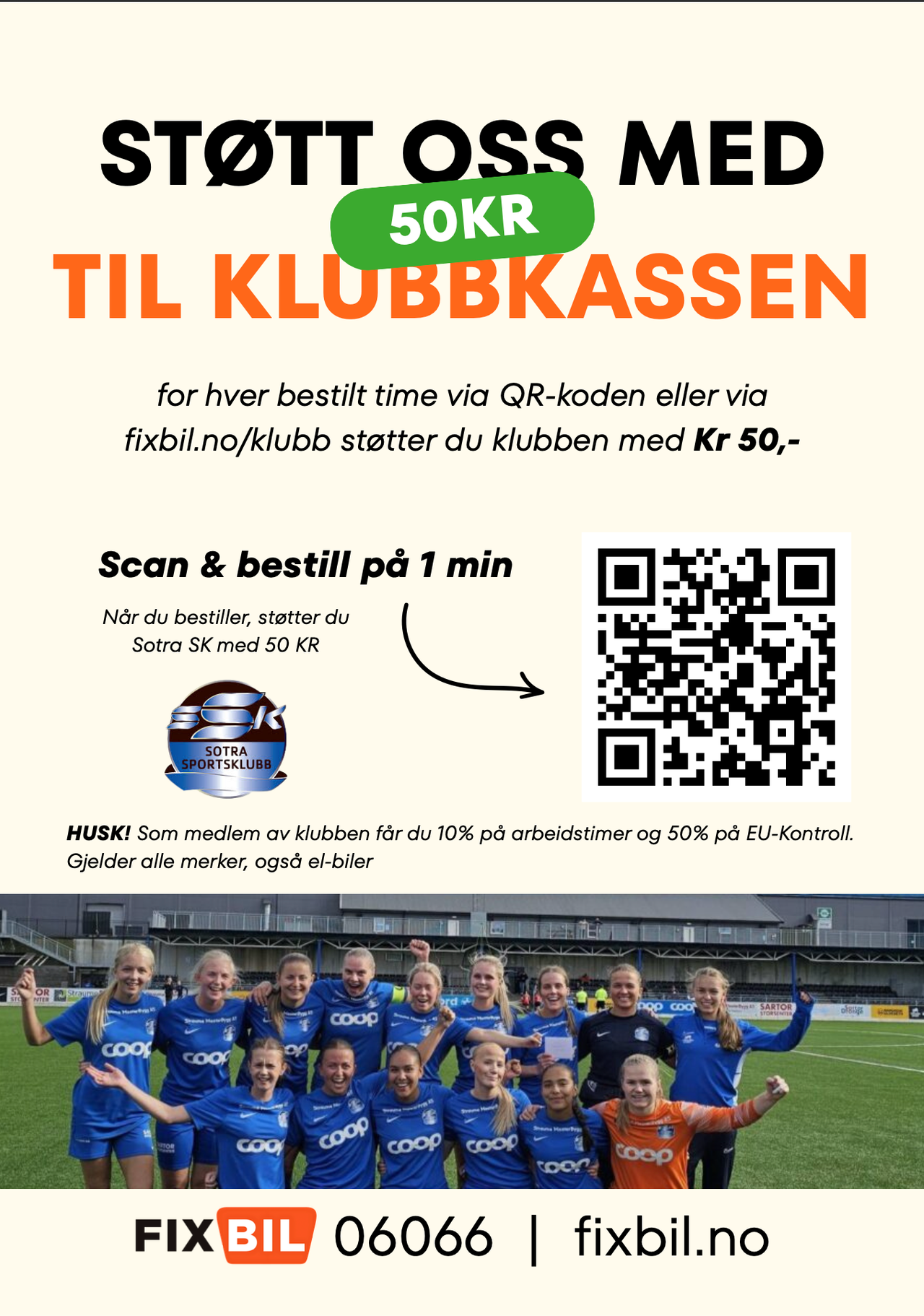 Advertisement featuring a women's soccer team, promoting Fix Bil's donation of 50 KR to Sotra Sportsklubb for bookings made via a QR code.