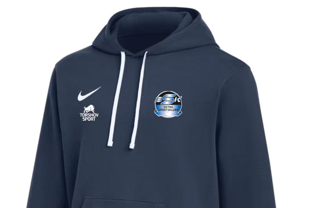 Navy blue hooded sweatshirt with Nike, Torshov Sport, and Sotra Sportsklubb logos, plus 'ID' initials.