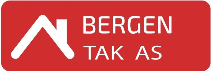 Bergen Tak AS logo with white stylized roof on red background.