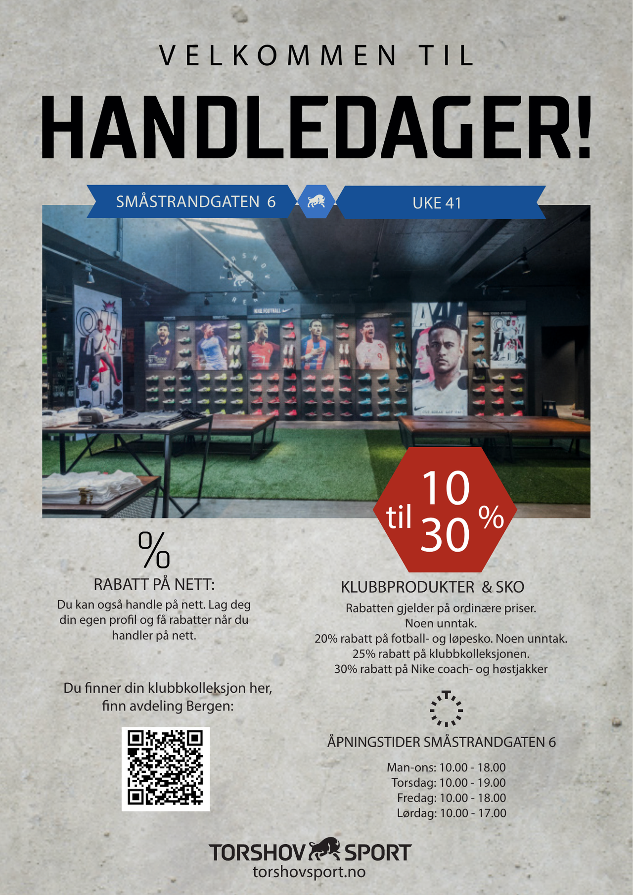 A promotional poster for Torshov Sport's "Handledager" (Shopping Days) event, featuring an interior view of a sports shoe store and advertising 10-30% discounts, online shopping options, and store hours.