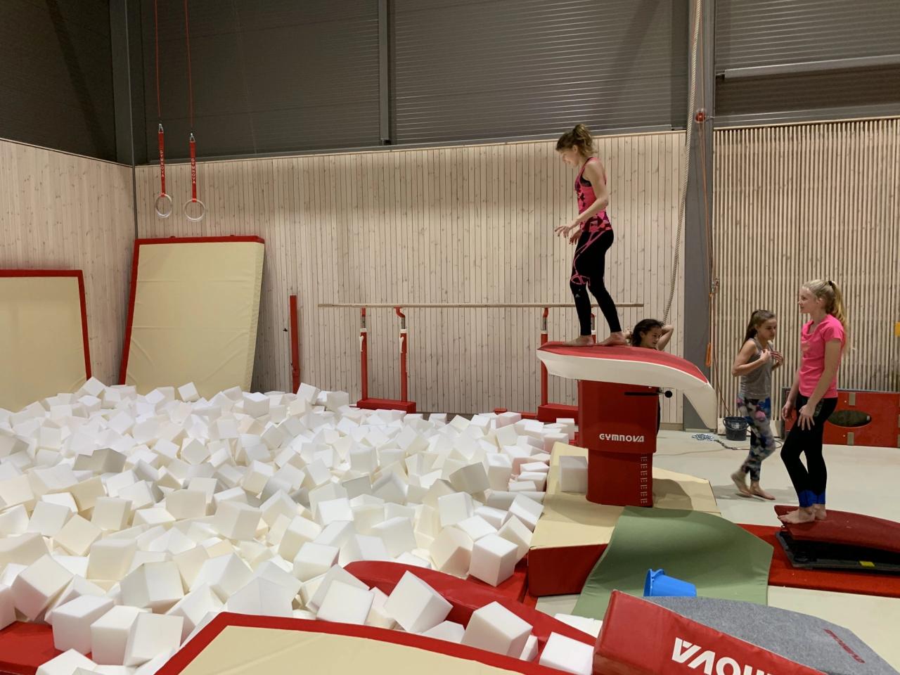 Young gymnasts in a gym with a foam pit, one girl standing on a vaulting table.
