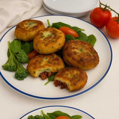 a plate of food with cheesy potato pockets,  broccoli , tomatoes and spinach on a table .