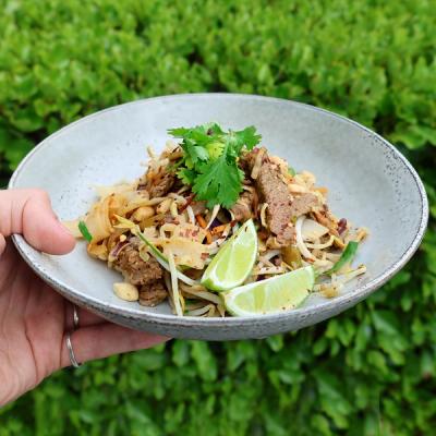 a person is holding a plate of food with noodles, meat and lime wedges. a person is holding a plate of food with noodles, meat and lime wedges.