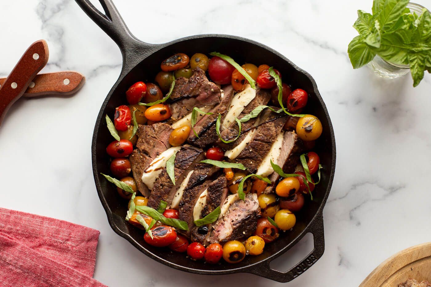 One Pan Steak Caprese with Basil and Blistered Cherry Tomatoes Recipe | Beef + Lamb New Zealand