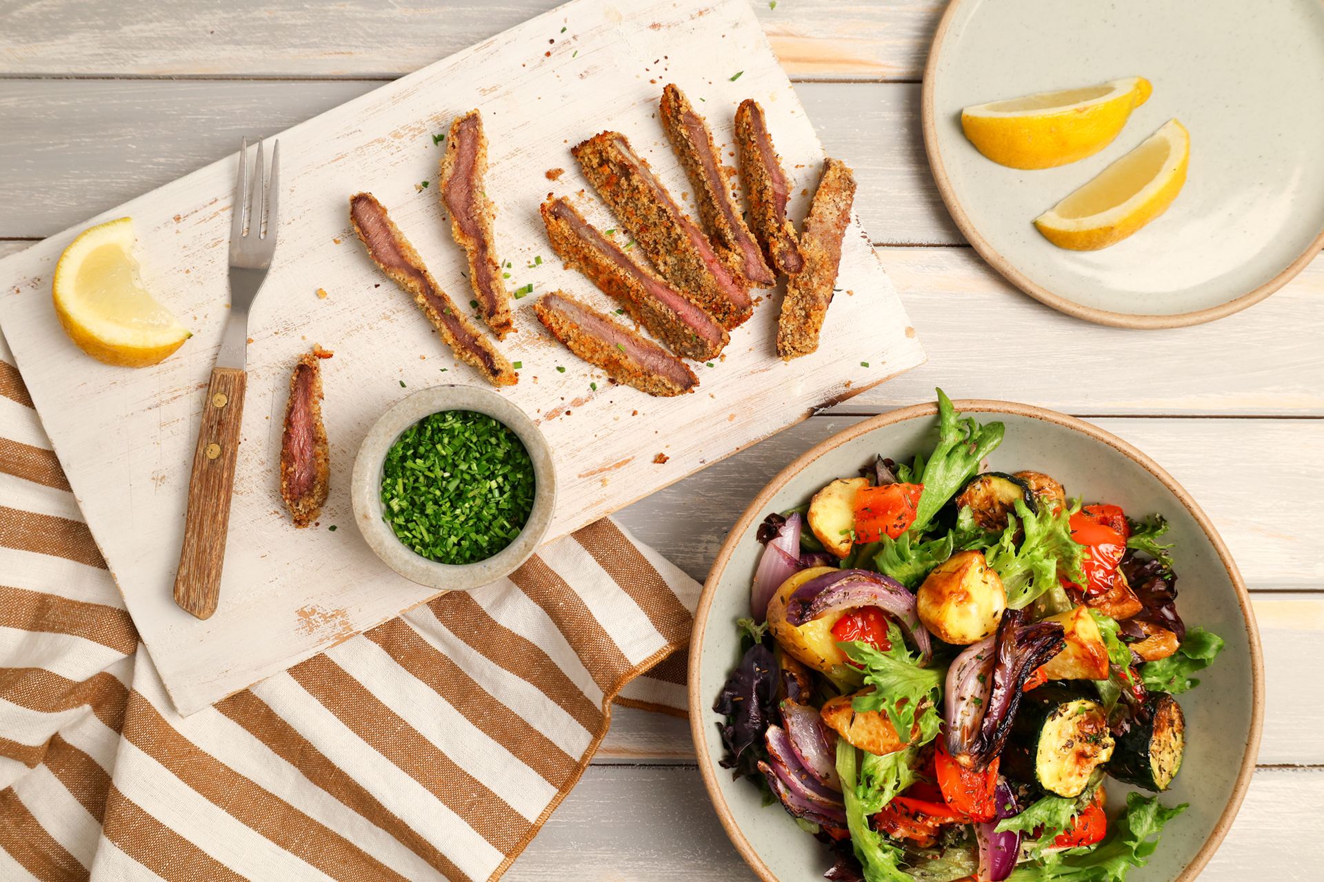 Air fryer schnitzels with roast vegetable salad Recipe | Beef + Lamb New Zealand