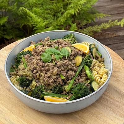 A bowl of ground meat with spiral pasta, broccoli, zucchini, and basil, garnished with orange wedges. A bowl of ground meat with spiral pasta, broccoli, zucchini, and basil, garnished with orange wedges.