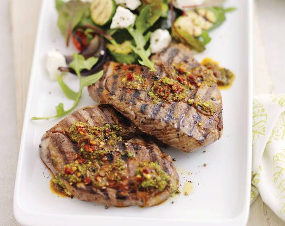 Lamb steaks with chilli pesto and roasted vegetables Recipe | Beef + Lamb New Zealand