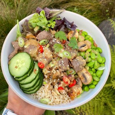 a person is holding a bowl of food with rice , vegetables and meat . a person is holding a bowl of food with rice , vegetables and meat .