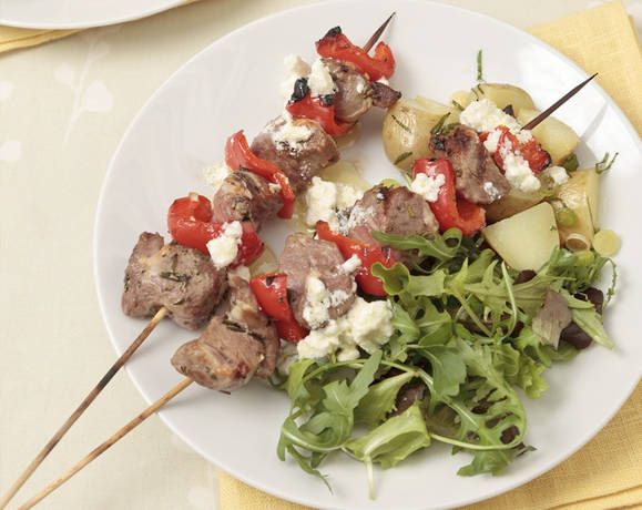 Lamb and red pepper kebabs with minted potato salad and lemon feta dressing Recipe | Beef + Lamb New