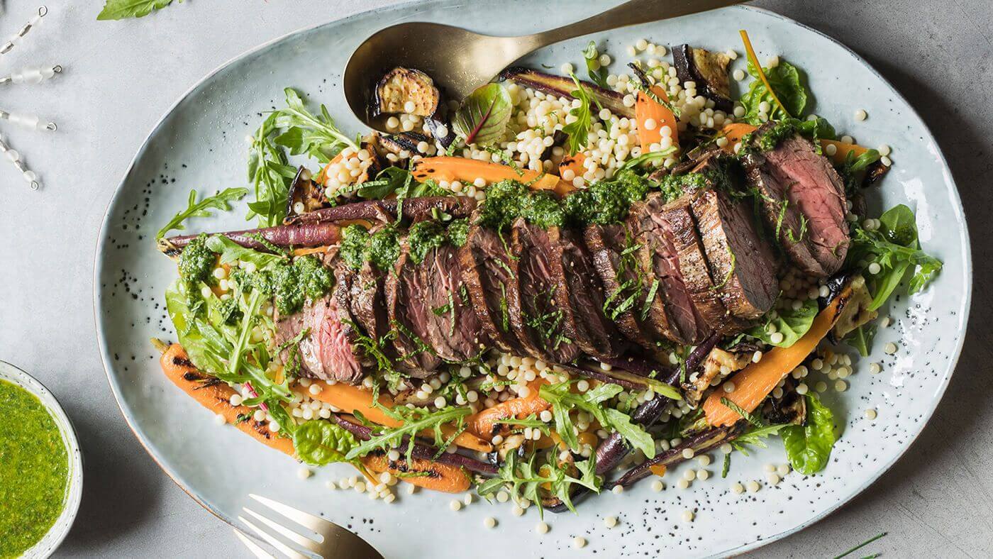 Barbecued eye fillet with carrots, eggplant and Israeli couscous salad Recipe | Beef + Lamb New Zeal