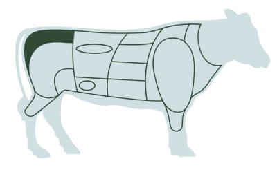Illustration of a cow divided into beef cuts, with the upper rear ...
