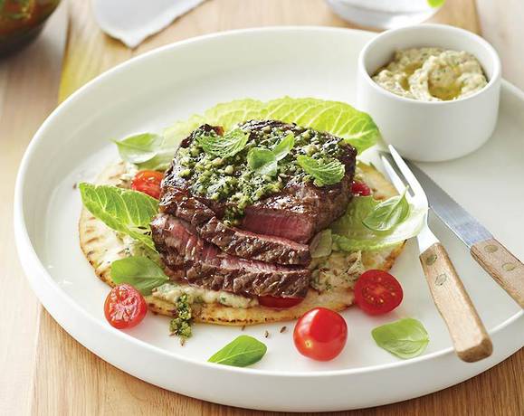 Barbecued steaks with baba ghanoush and tomato salad Recipe | Beef + Lamb New Zealand