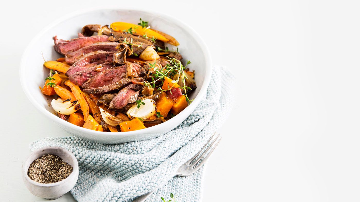 Flat-iron steaks with roast pumpkin and mushroom sauce Recipe | Beef + Lamb New Zealand