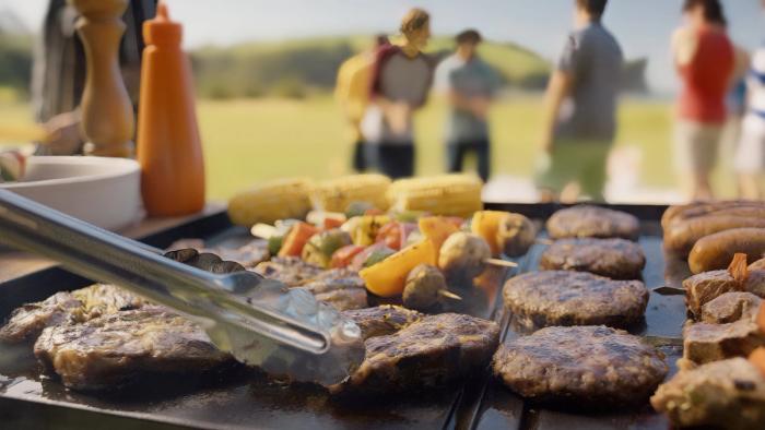 a group of people are having a barbecue with meat at the beach