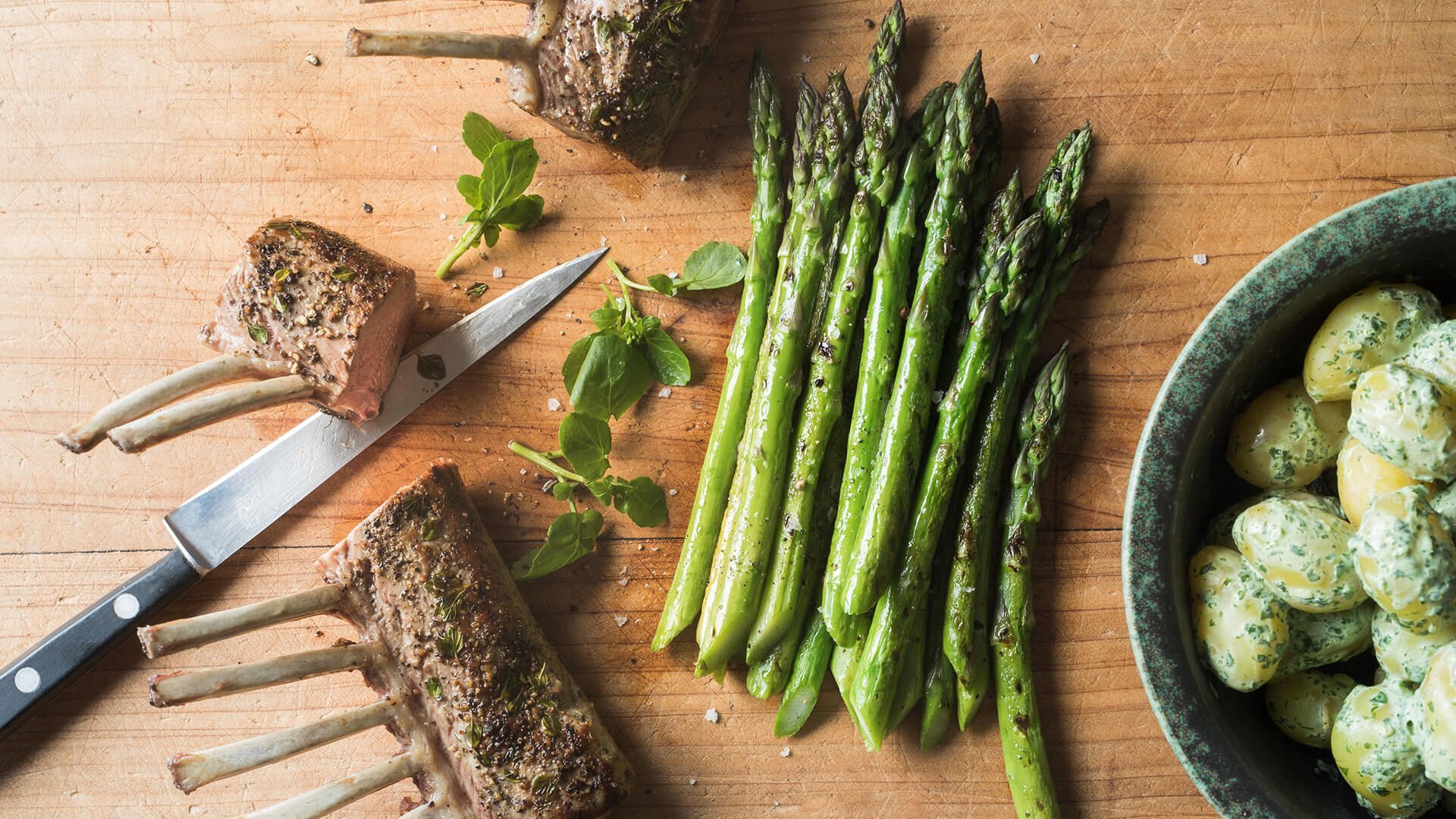 Lamb racks and asparagus with potatoes and watercress sauce Recipe | Beef + Lamb New Zealand