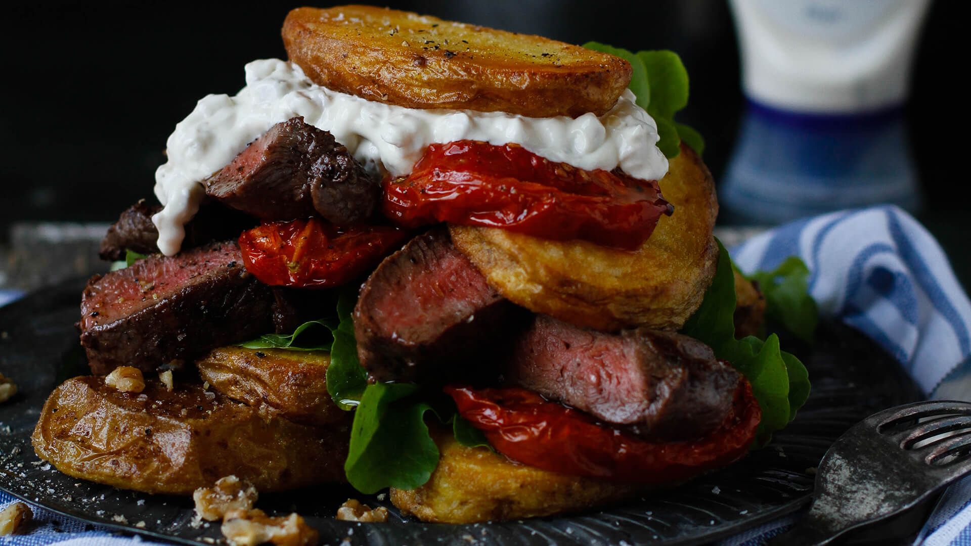 Rare Beef & Roast Potato Stack with Horseradish Walnut Aioli
