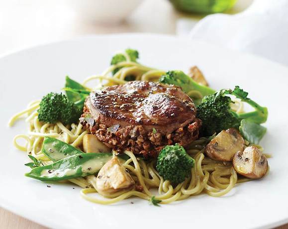 Lamb steaks with mushroom stuffing, wok vegetables and green tea noodles Recipe | Beef + Lamb New Ze