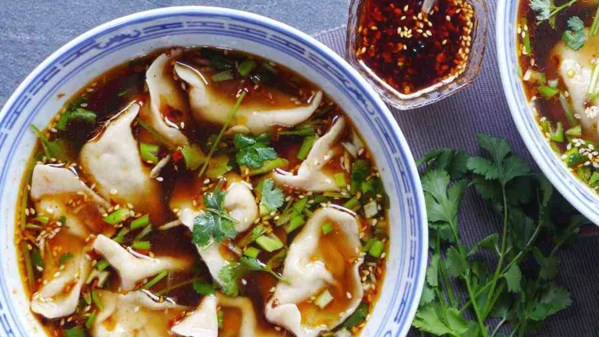 Beef Dumplings in Hot & Sour Soup with Spiced Vinegar