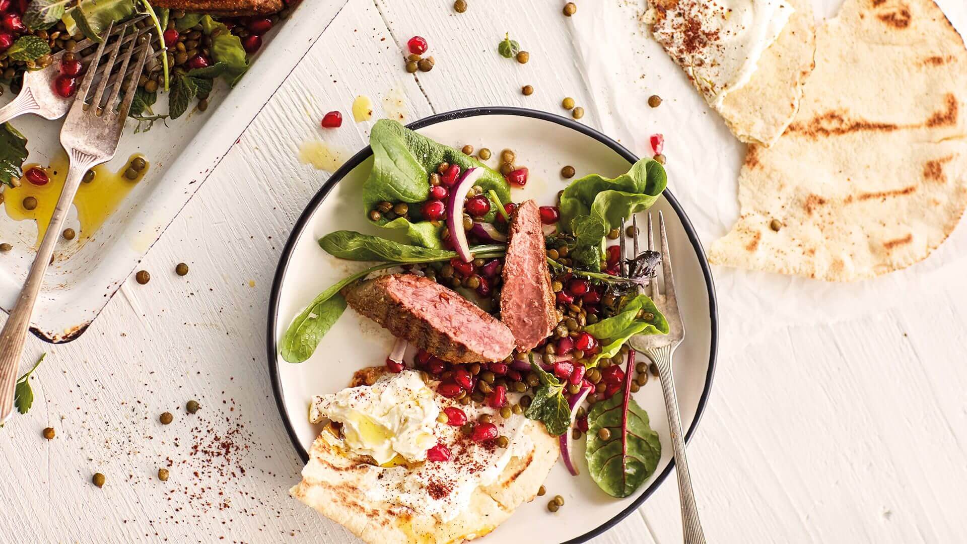 Lamb and French puy lentil salad with flatbread Recipe | Beef + Lamb New Zealand