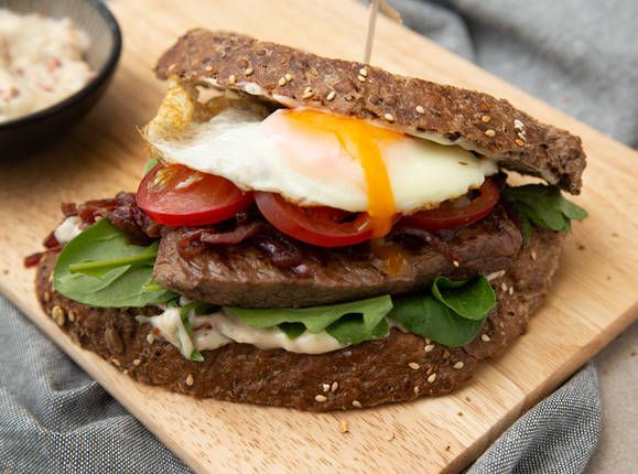 Steak and egg sandwich with caramelised onions and sundried tomato aioli Recipe | Beef + Lamb New Ze