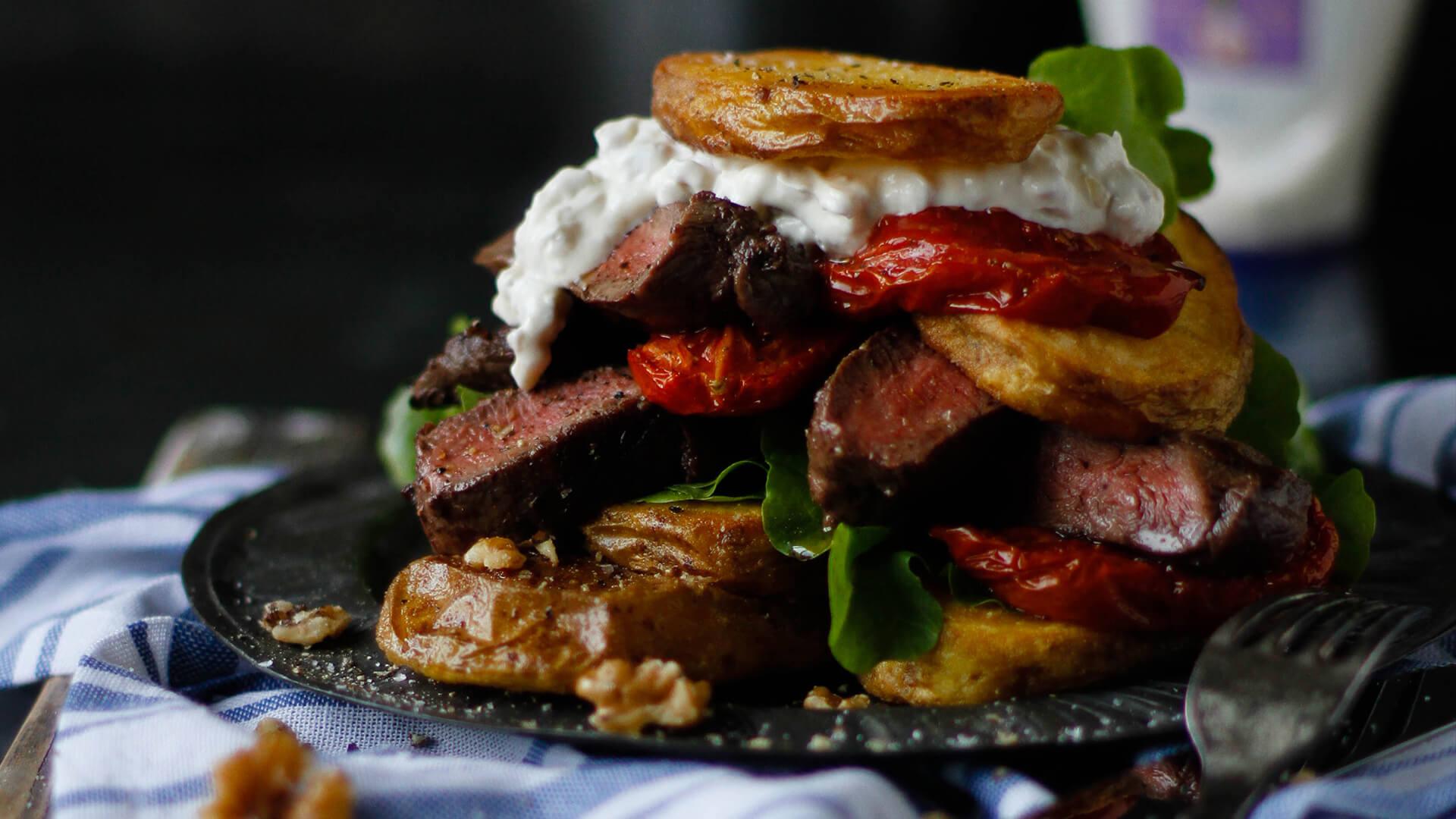Rare beef and roast potato stack Recipe | Beef + Lamb New Zealand