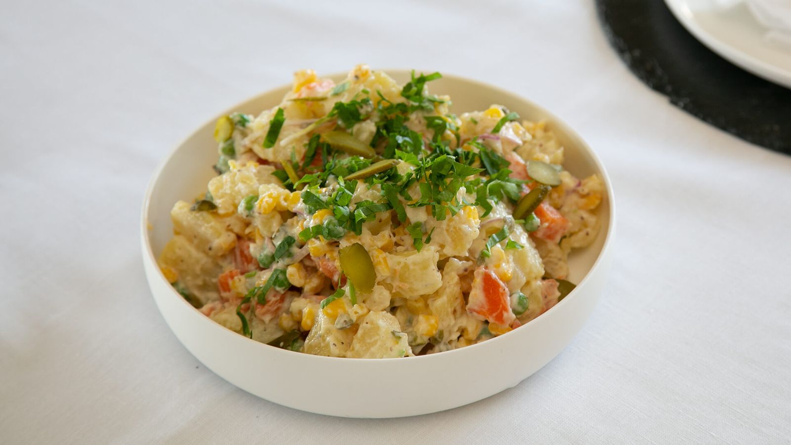 Potato Salad with Gherkins, Red Onion, Peas, Carrots & Corn Recipe