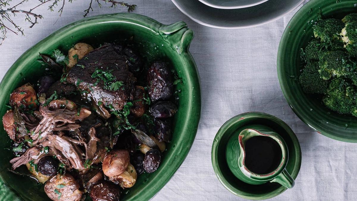 Slow cooked beef bolar roast with smashed potatoes Recipe Beef + Lamb