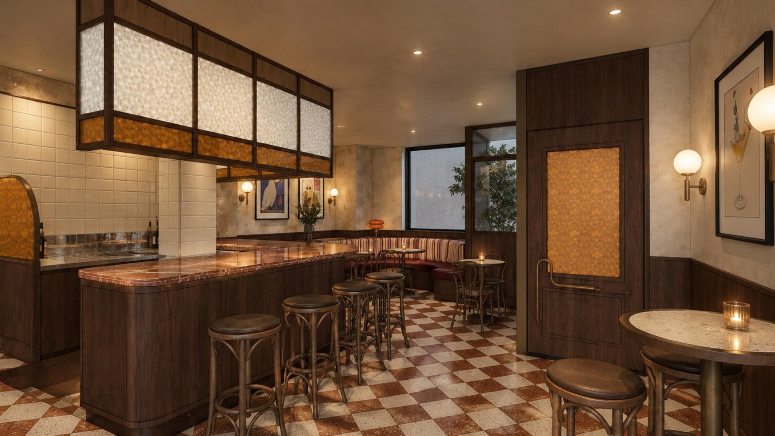 Design render of the bar, with a red marble counter, timber stools and a checkerboard floor