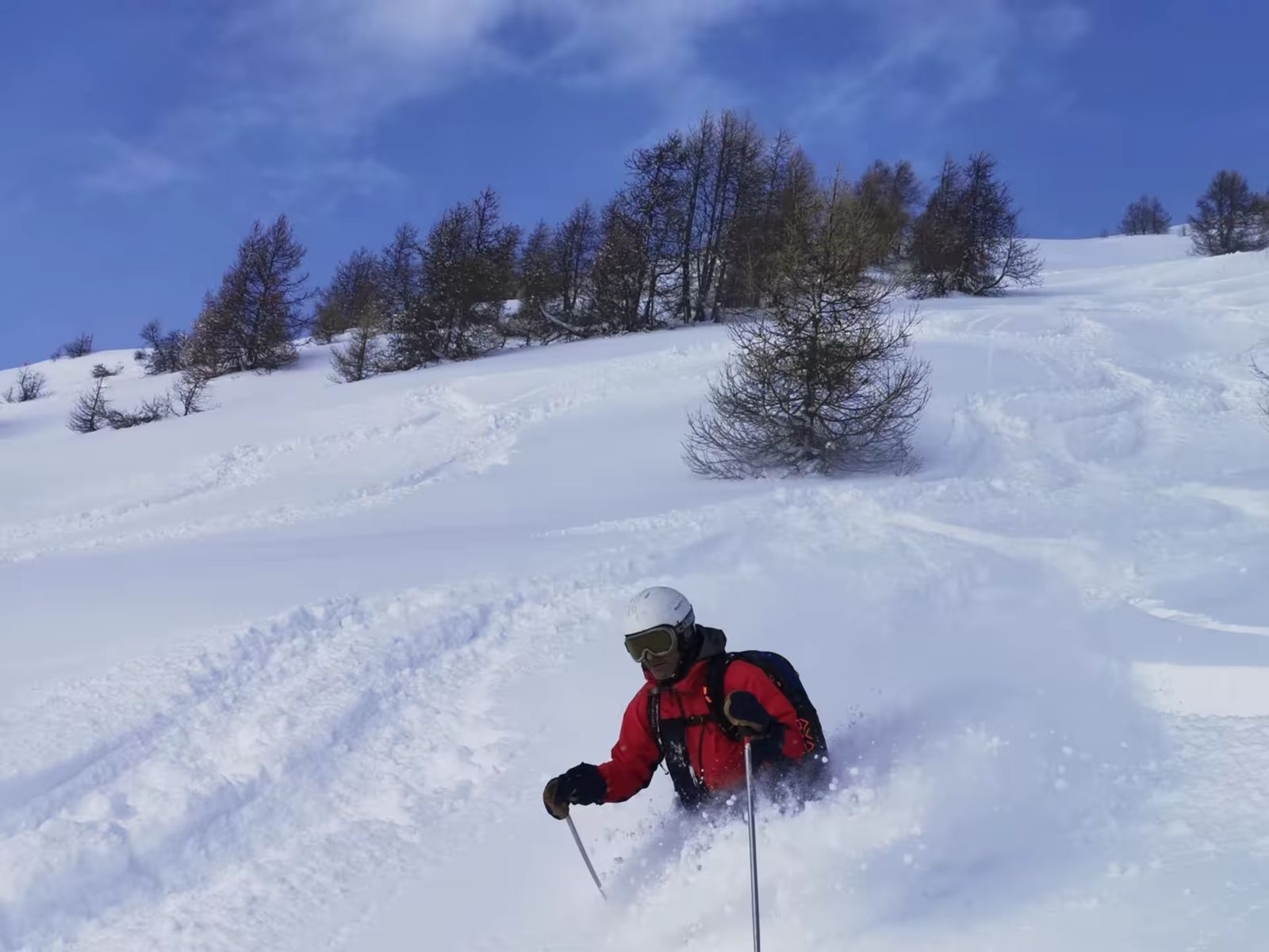 Skieur enchaînant un virage dans la poudreuse à Abries pendant un stage freerando