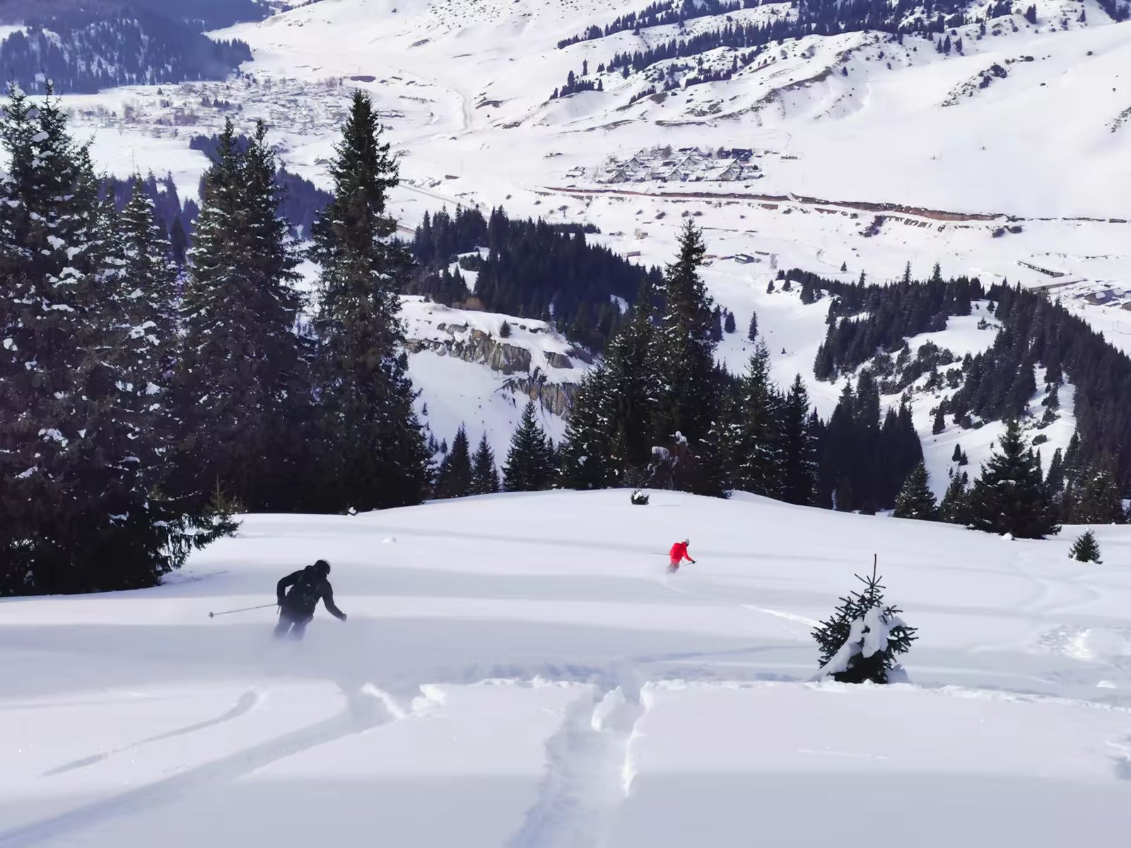 Descente à ski dans la poudreuse au dessus de Jyrgalan