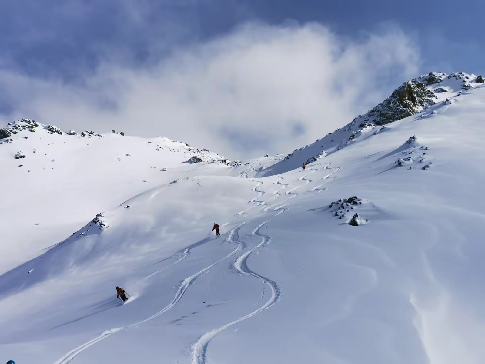 Traces de ski dans une combe de poudreuse lors d’une sortie freerando à Montgenèvre