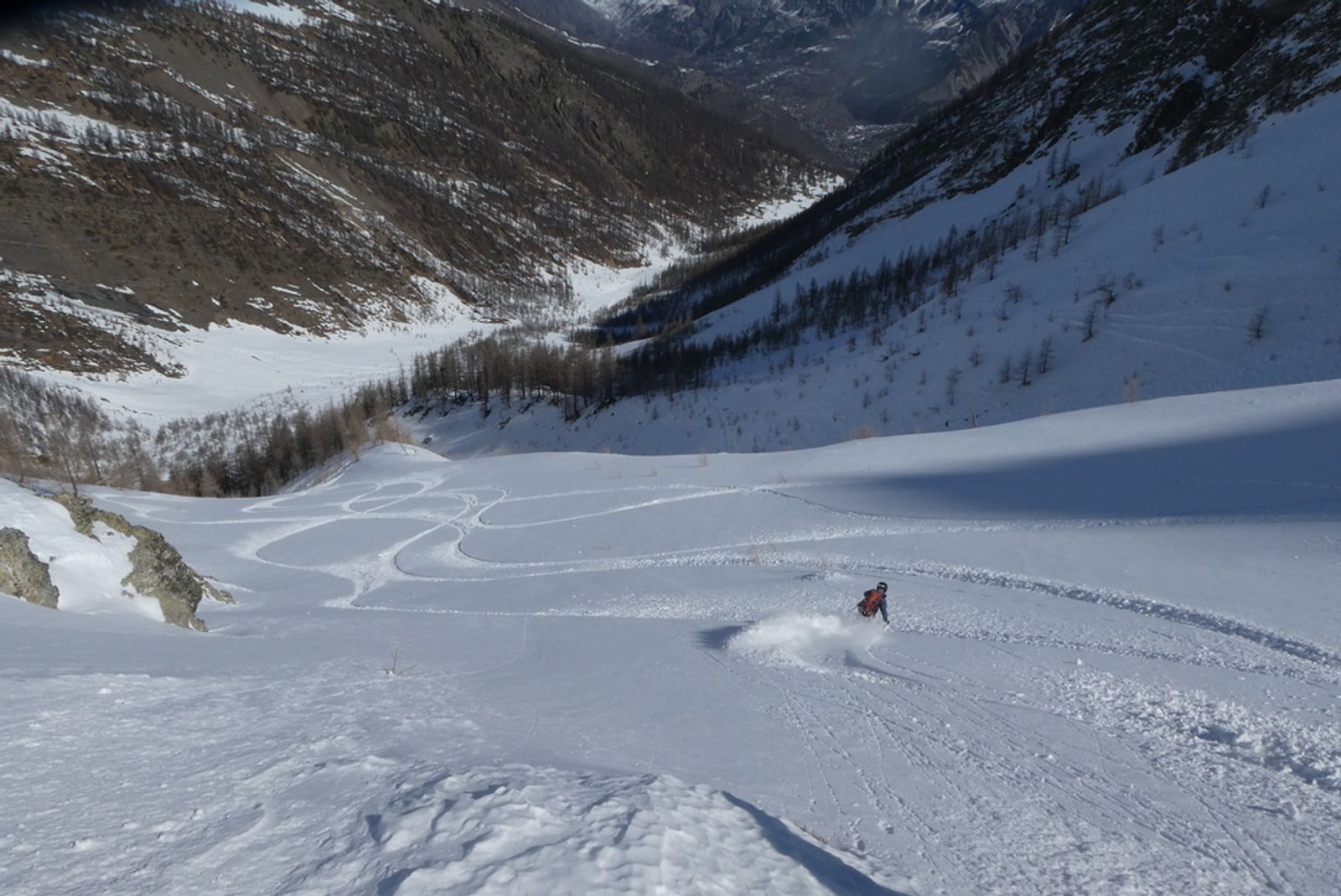 Skieur dessinant une trace dans la poudreuse sous le col du Bal, au-dessus de la forêt.