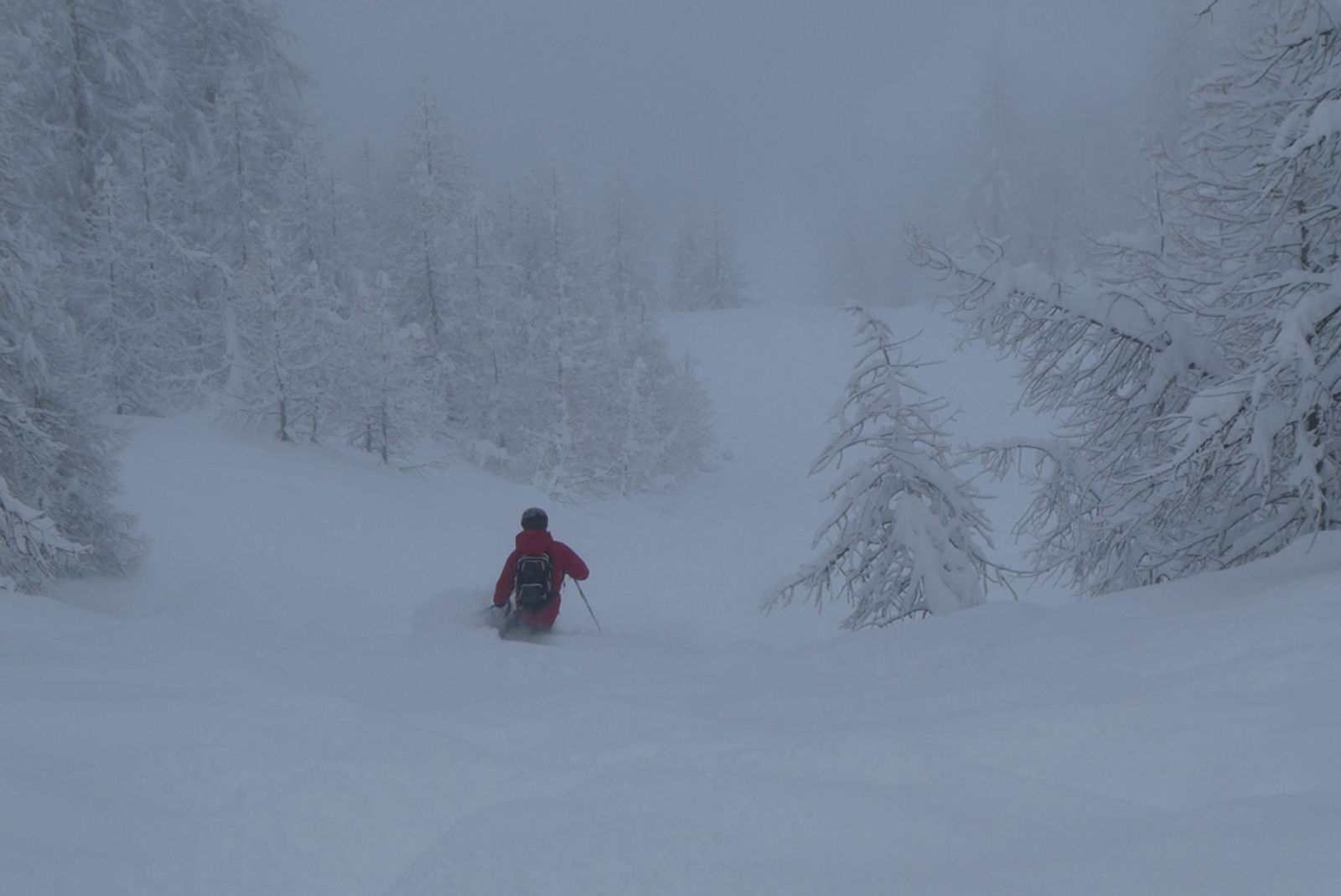 Skieur rouge dans la descente de Narreyroux, ambiance brouillard et poudreuse profonde