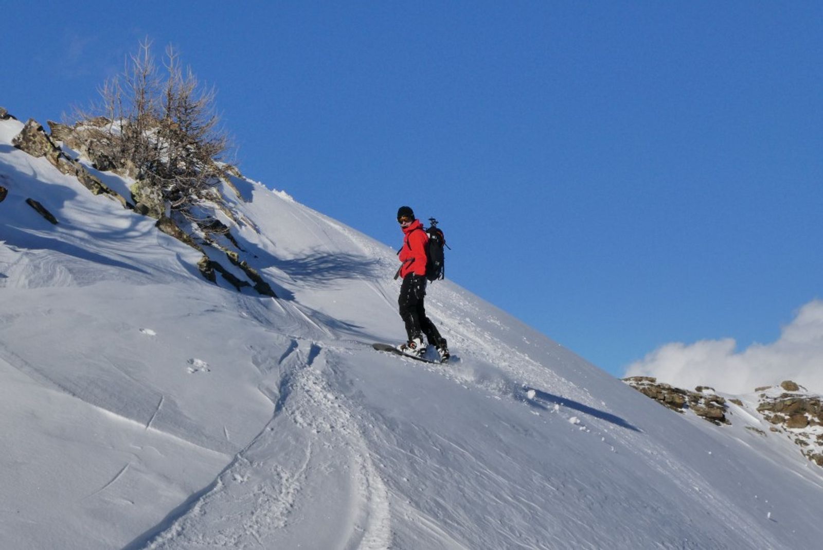 Snowboardeur descendant une pente ensoleillée près des mélèzes sur la crête de la Lauze.