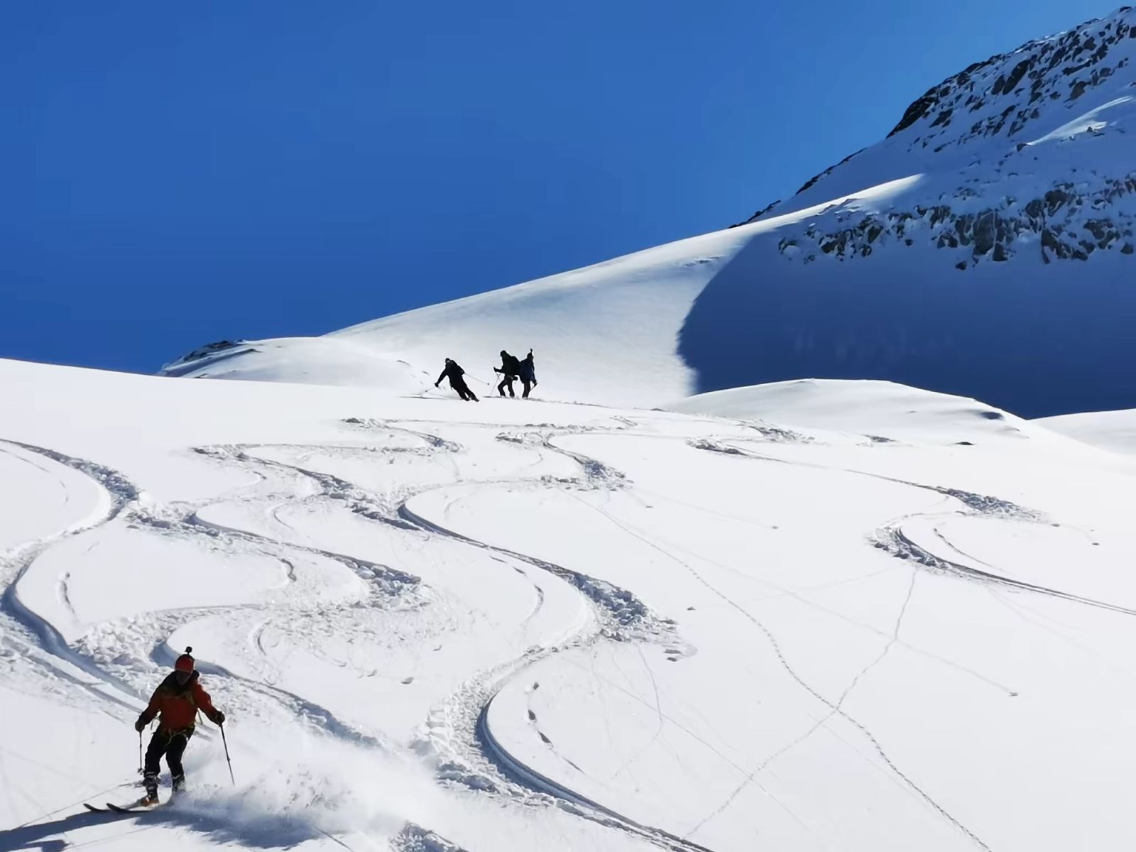 Skieurs évoluant entre combes et reliefs enneigés lors d'une descente au Groenland