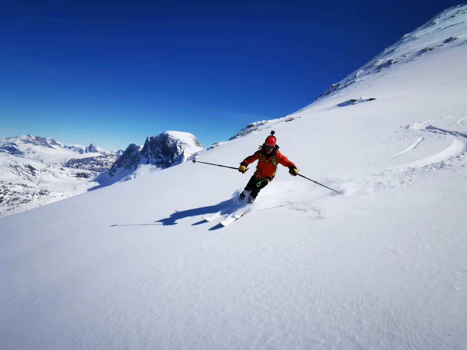 Skieur en pleine descente dans la poudreuse avec les montagnes du Groenland en arrière-plan