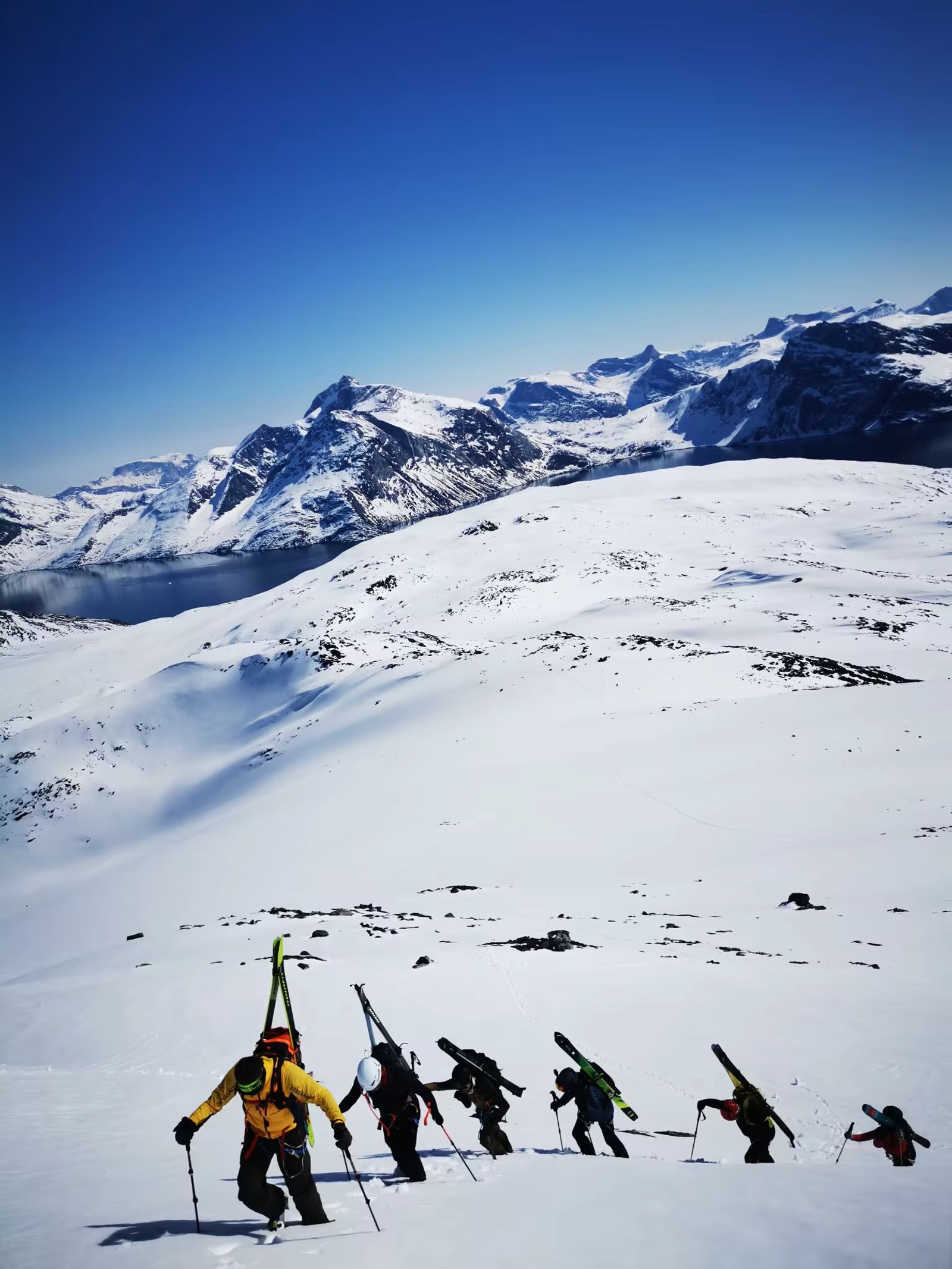 Groupe de skieurs progressant en file sur une pente lors d'une ascension au Groenland