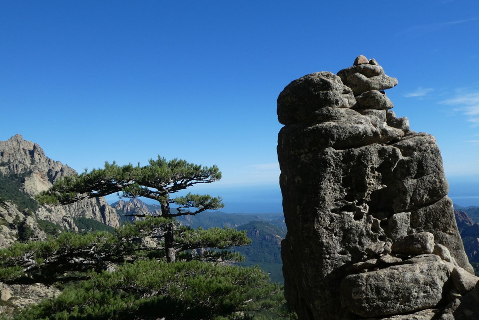 Rocher et pins et vue lointaine sur les montagnes de Bavella