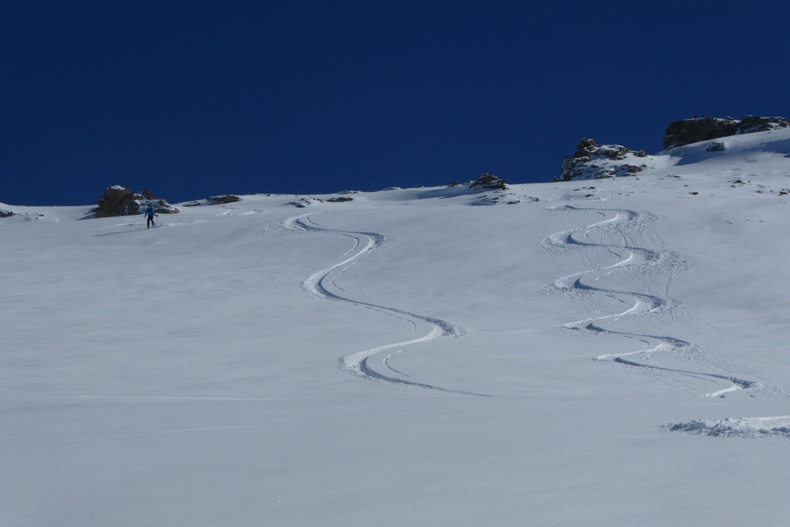 Skieur en train de tracer dans les pentes poudrese de saint Véran en freerando