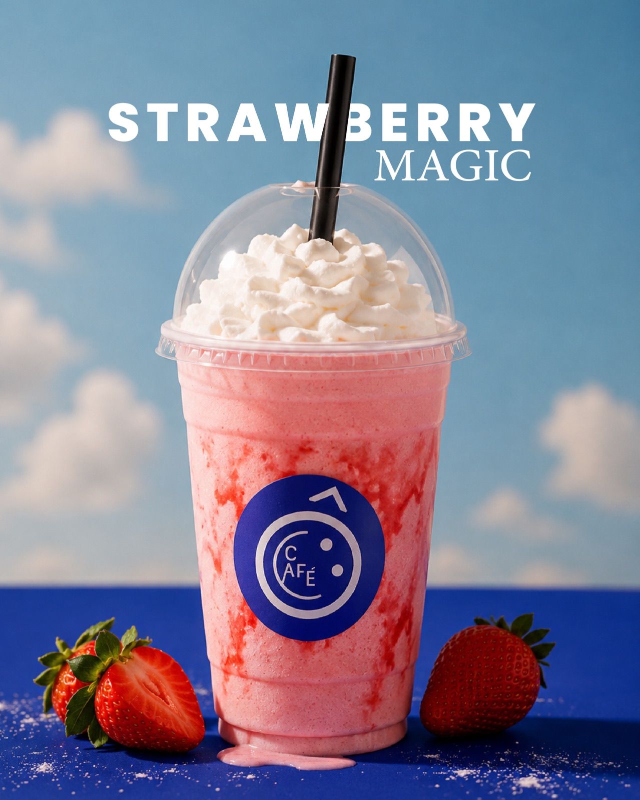 A strawberry frappé topped with whipped cream against a summer sky