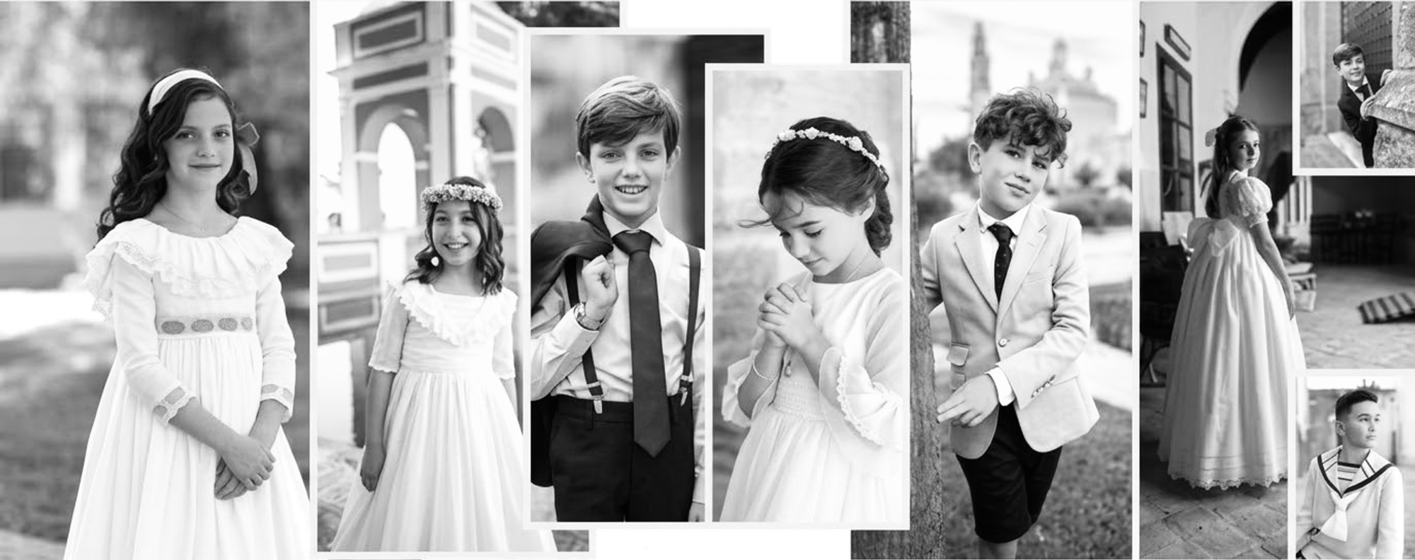 Collage de retratos en blanco y negro de niñas y niños el día de su comunión