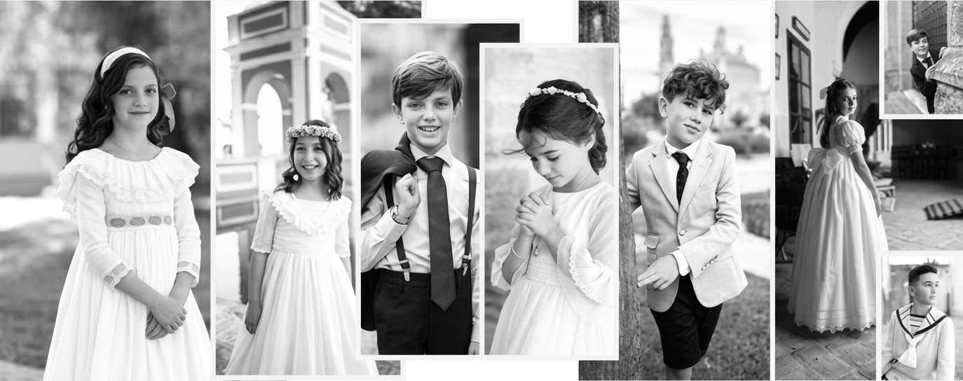 Collage de retratos en blanco y negro de niñas y niños el día de su comunión